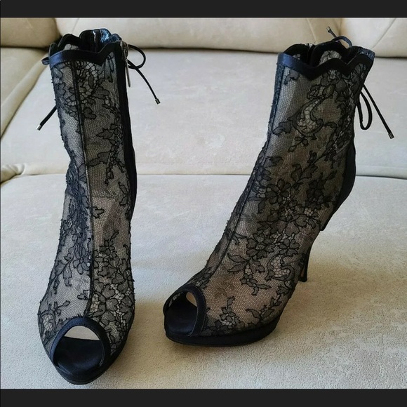 Dior Lace And Satin Mock Lace Up Peep Toe Booties - Picture 7 of 10
